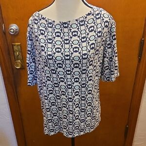 Charter Club Navy and White Patterned Blouse